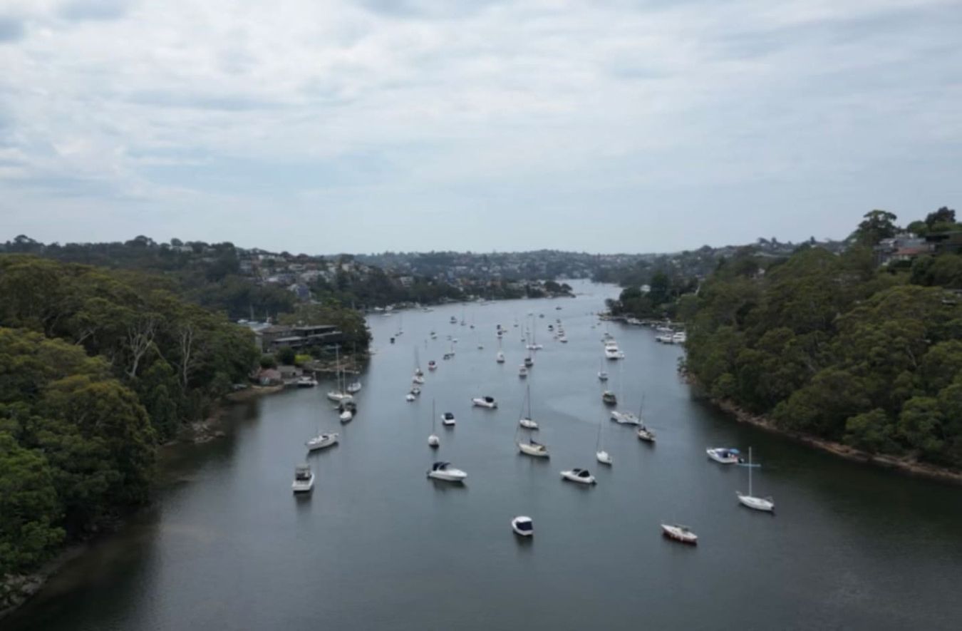 A river with numerous boats anchored along its banks, surrounded by dense greenery and a distant town.