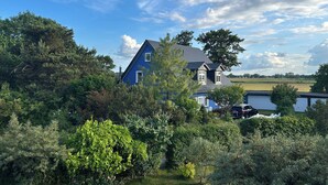 A blue house with a sloped roof surrounded by dense greenery and trees. - Ruhe & Meer (Trassenheide)