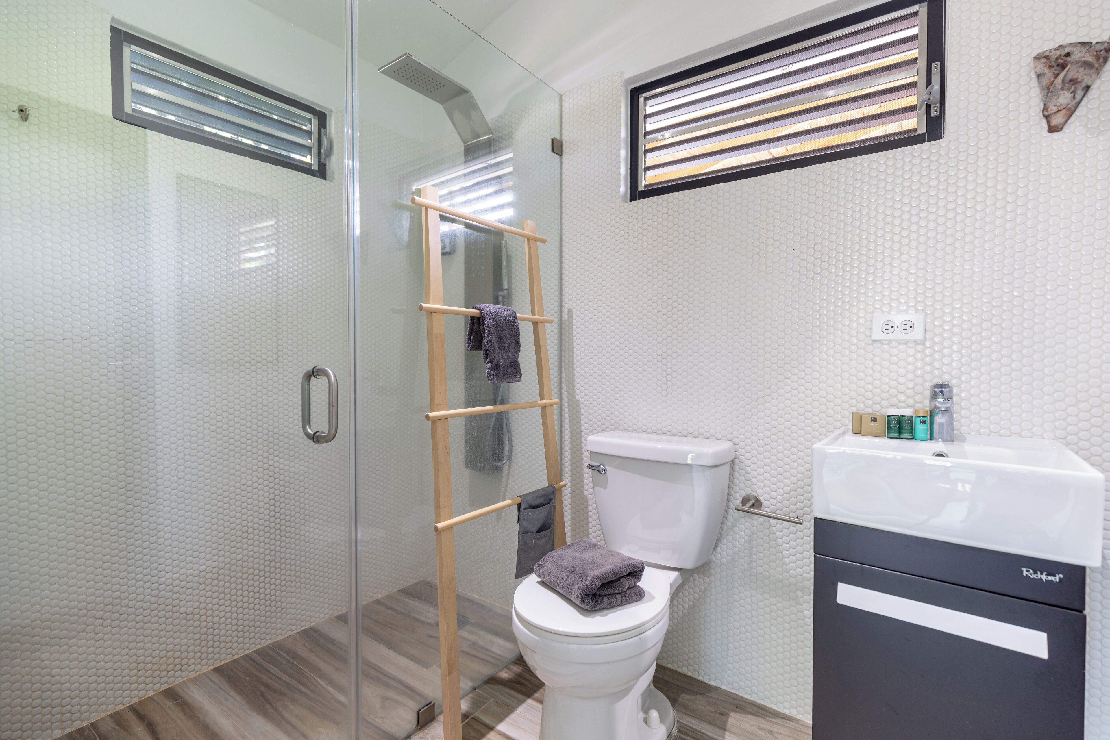 A modern bathroom with a glass shower enclosure, a wooden ladder, a white toilet, and a black cabinet with a sink.