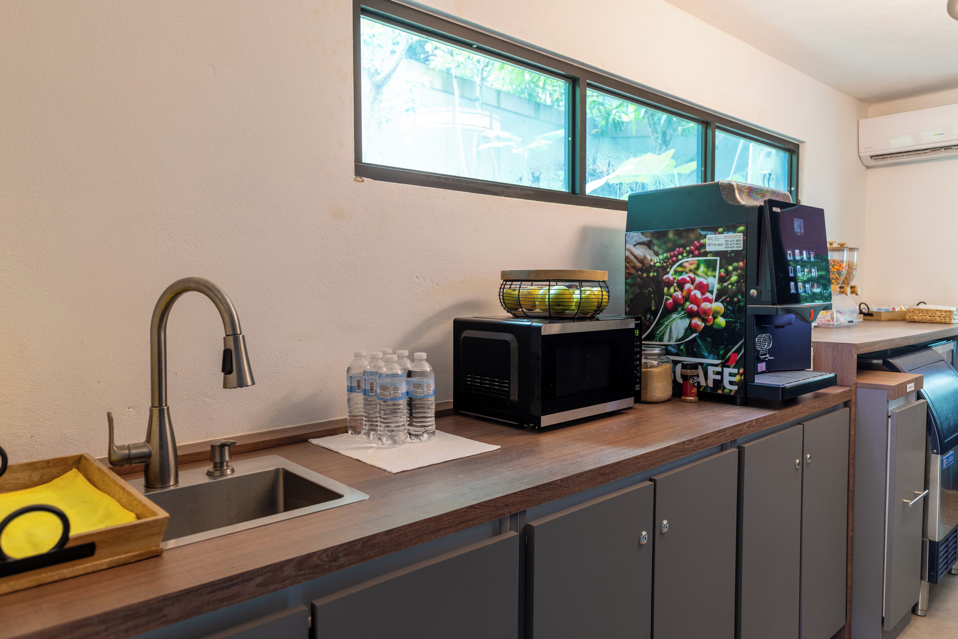 Una cocina con un lavamanos de acero inoxidable, un microondas, una cafetera y una ventana con vista a árboles.