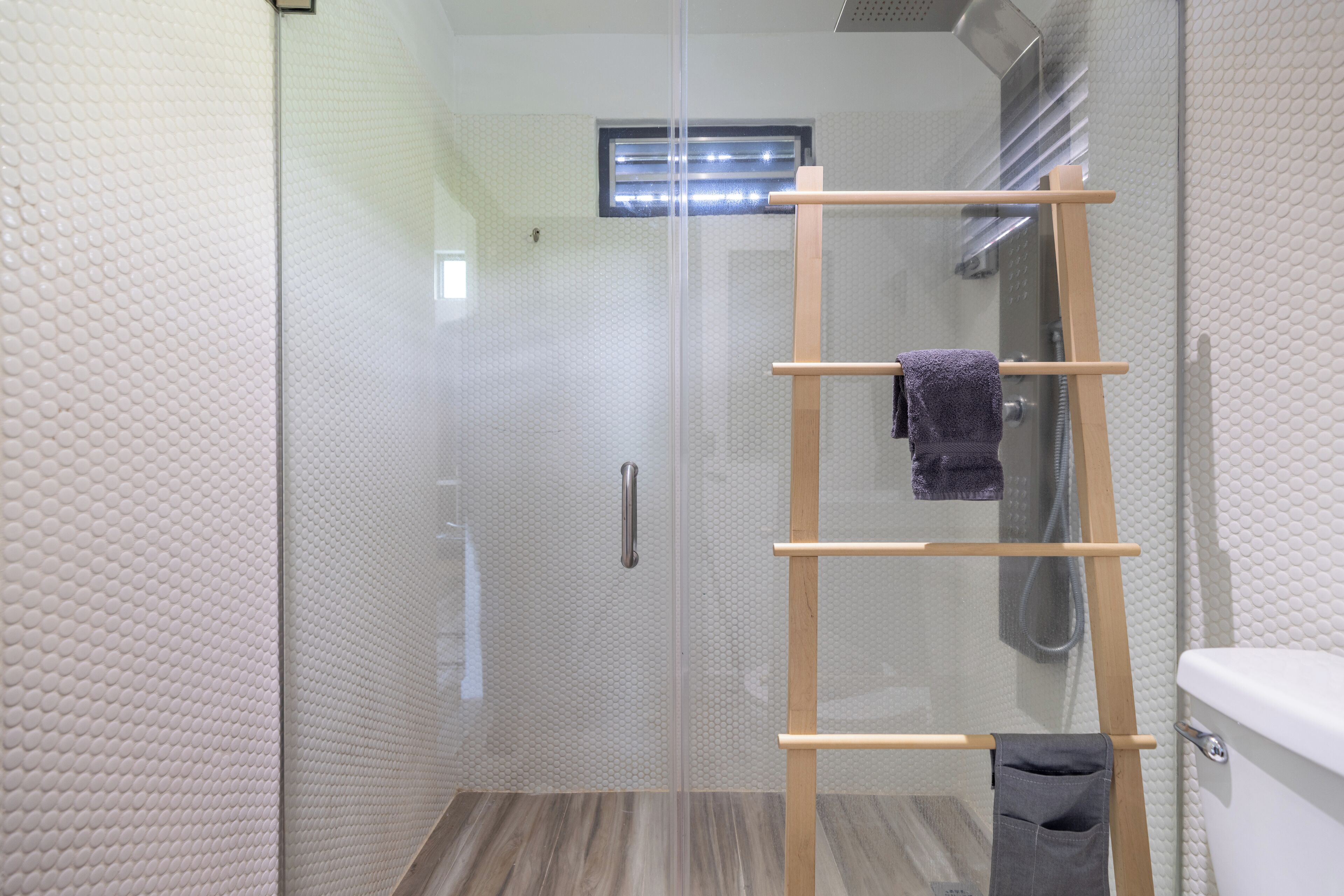 A modern bathroom with a glass shower enclosure, a wooden ladder, and a white toilet.