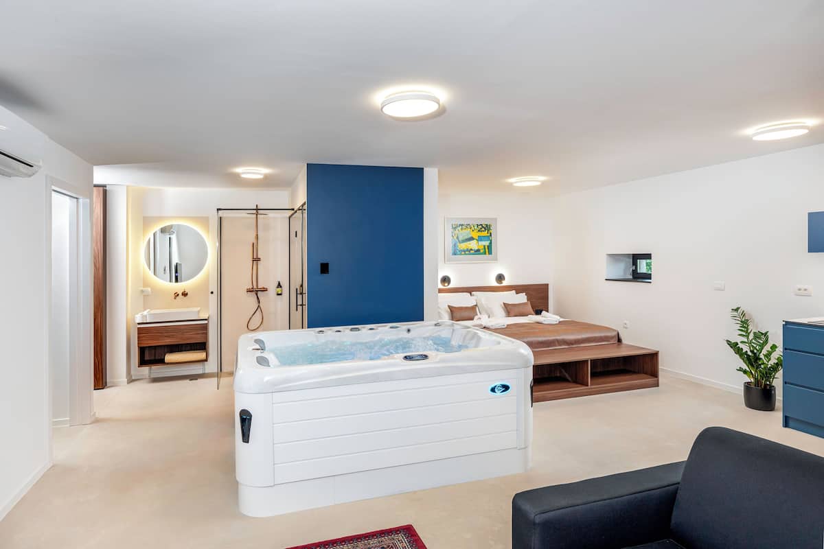 Un dormitorio moderno con una cama grande, un jacuzzi, una mesita de noche y un televisor.
