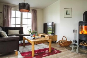 Smart-tv, een open haard en een dvd-speler
