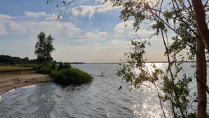 Une rivière aux rives sablonneuses, bordée d’arbres sur la rive gauche, un ciel dégagé et une eau calme qui reflète la lumière du soleil.