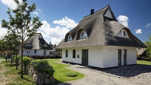 Une maison moderne avec un toit de chaume, une pelouse bien entretenue et une allée pavée.