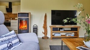 A modern living room with a fireplace, a television on a wooden stand, and a sofa with decorative pillows. - Premium-Ferienhaus in Fuhlendorf (Fuhlendorf)