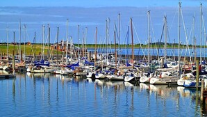 Un port de plaisance où de nombreux bateaux sont amarrés, l’eau est calme et le ciel est dégagé.