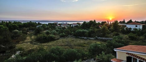 A coastal landscape with a sunset, houses, and a garden.