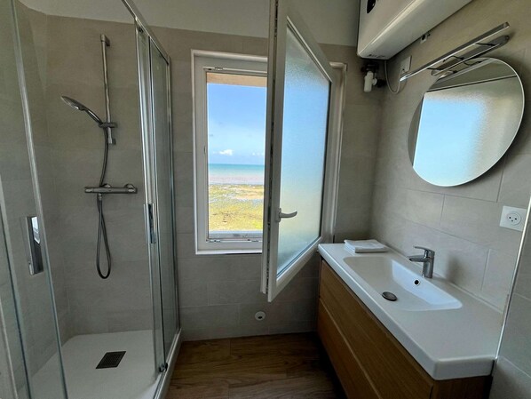 Shower, hair dryer, towels