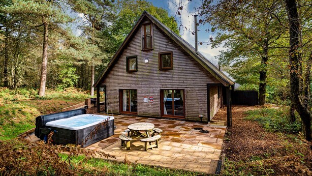 A wooden cabin with a hot tub, patio, and a view of the forest.