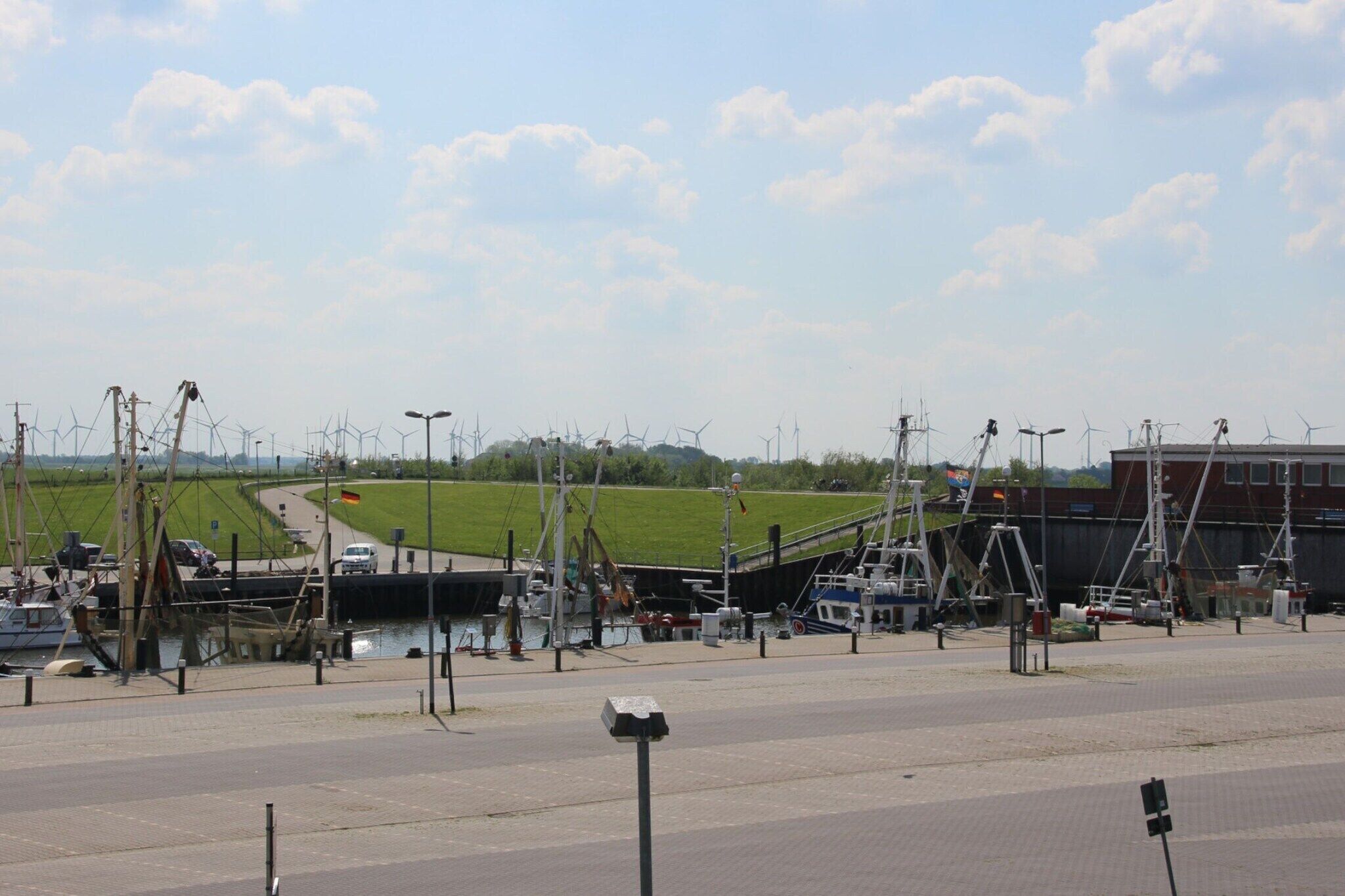 A marina with boats docked, a grassy field, and wind turbines in the background.
