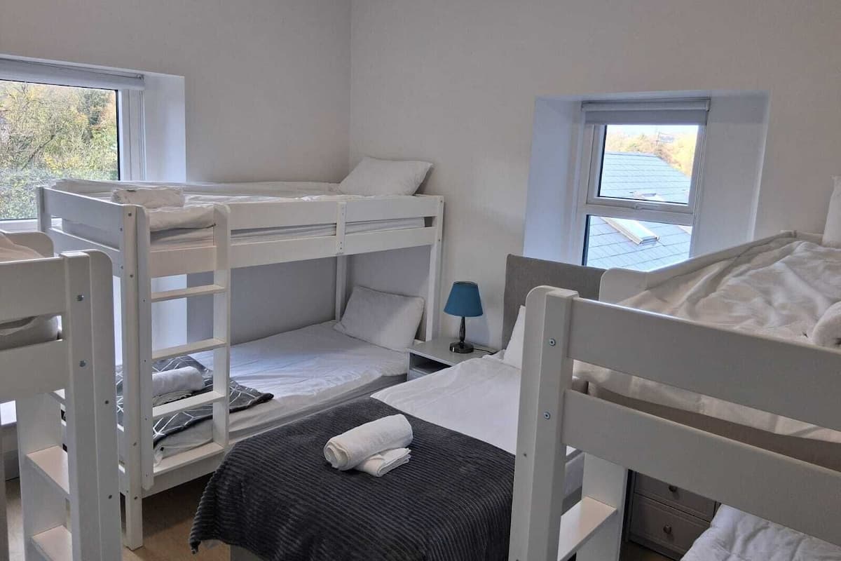 A dormitory room with bunk beds, a desk, and a window.