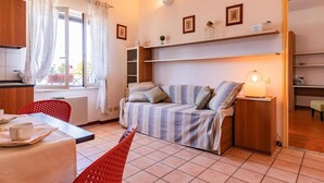 Un espace de vie compact comprenant un canapé, une table à manger avec des chaises, un coin cuisine et une fenêtre avec des rideaux.