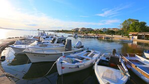 A marina with several boats docked, a calm water body, and buildings in the background.