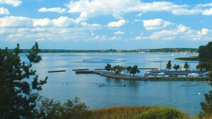 Un lago tranquilo con un muelle y barcos, rodeado de árboles y edificios al fondo.