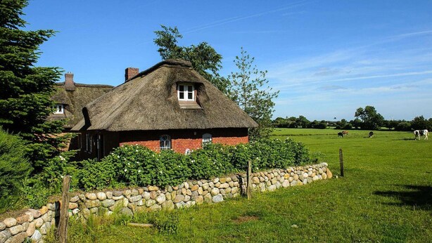 Uma casa tradicional com telhado de colmo e parede de pedra, cercada por um campo gramado e árvores.