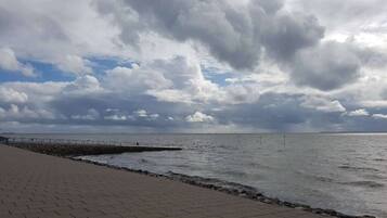 Ein gepflasterter Weg entlang einer felsigen Küstenlinie mit Metallgeländer, der zu einem Gewässer unter einem bewölkten Himmel führt.