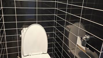 A bathroom with black tiled walls, a white toilet, and a beige floor.
