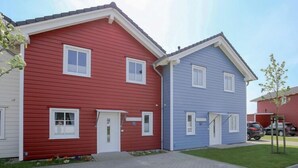 Een rij twee-onder-een-kapwoningen met rode en blauwe gevelbekleding, een verharde oprit en een kleine boom op de voorgrond.