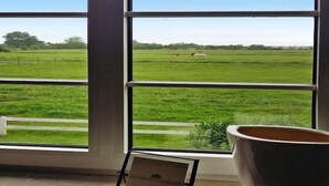 A room with large windows offering a view of a green field and a fence.