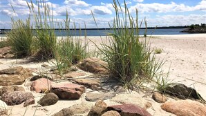 Een strand met rotsen en gras op de voorgrond en een rustige zee op de achtergrond.