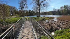 Une promenade en bois dotée de rampes métalliques, qui mène à une étendue d’eau bordée d’arbres et d’herbe.