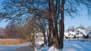 A snow-covered landscape with a frozen river, leafless trees, and a row of modern houses with white roofs.