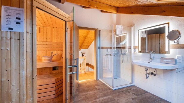 Une salle de bain moderne avec une douche en verre, un sauna en bois et un lavabo avec un miroir.