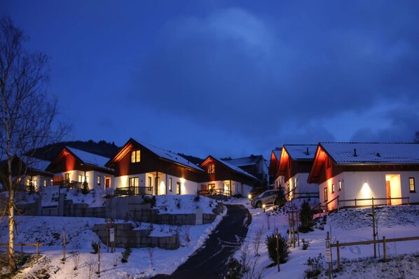 A row of modern, multi-story houses with large windows and a snowy landscape.
