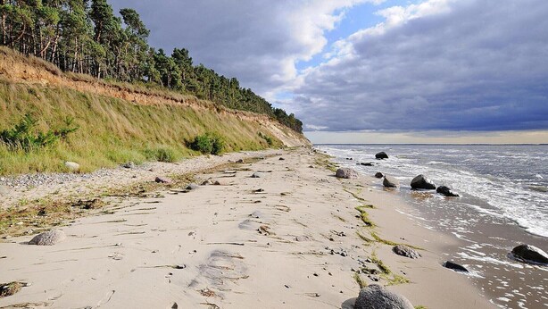 A beach with a sandy path, rocky shoreline, and a forested hill. - Gutshaus Zicker in Garz (Garz)
