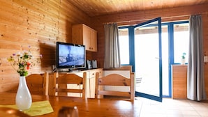 A wooden interior with a television, wooden furniture, and a door leading outside.