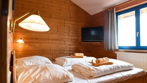 A wooden-paneled room with a bed, a television, and a window with curtains.