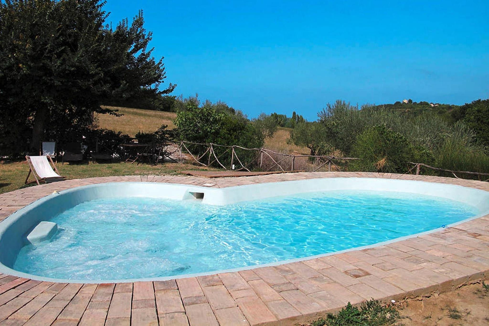 A rectangular swimming pool with a brick border, surrounded by a grassy area and trees.
