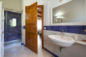 Une salle de bain avec une douche, un lavabo et un miroir.