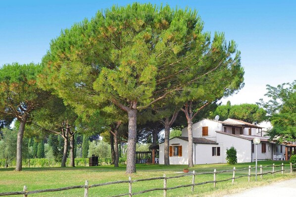 A white villa with a fenced yard, surrounded by tall pine trees.