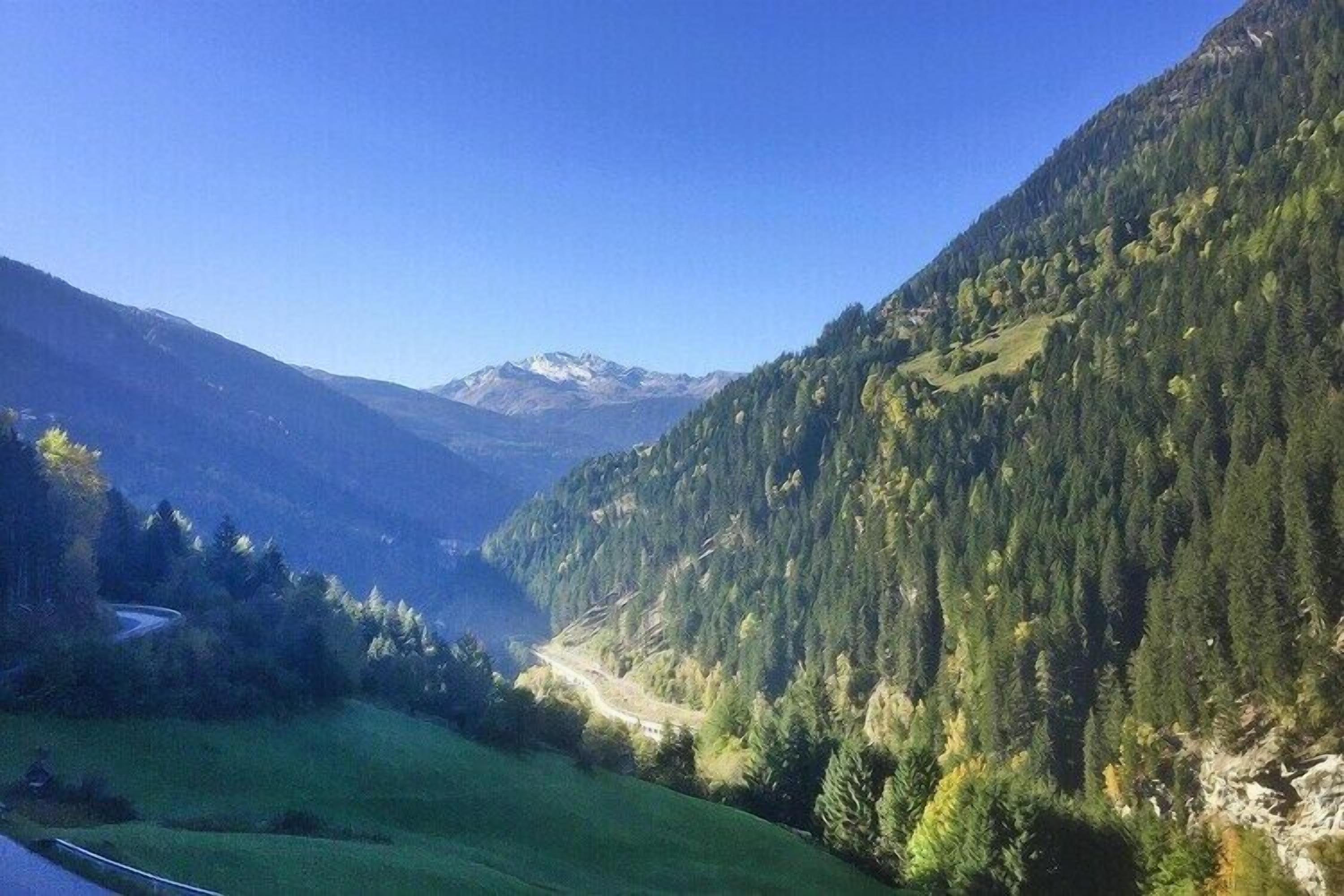 A mountainous landscape with a winding road and dense forest.