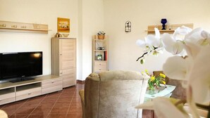 Ein Wohnzimmer mit Flachbildfernseher, einem beigen Sofa, einem Glastisch mit Blumen und einem Bücherregal.