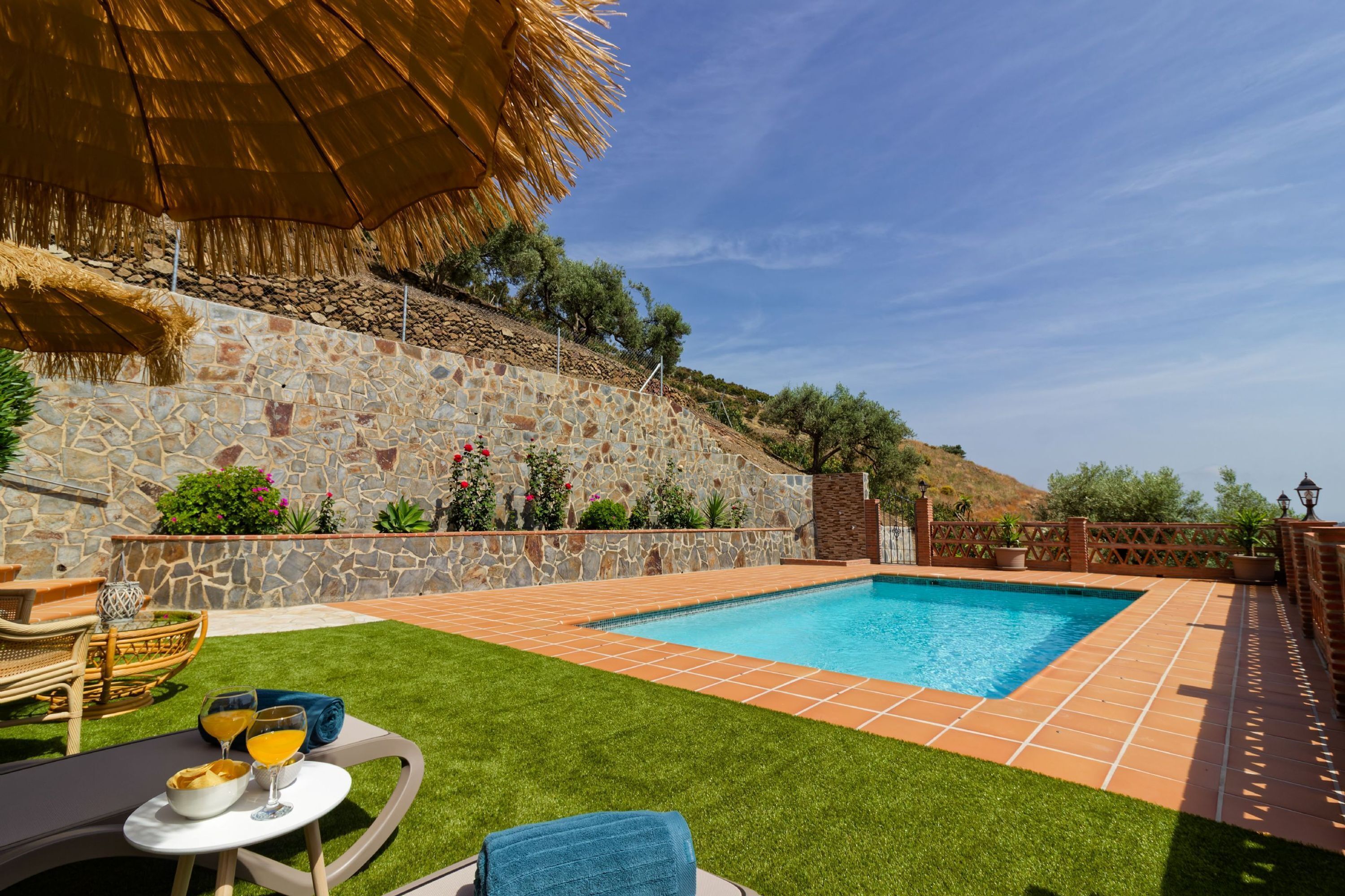 A swimming pool with a stone wall and a grassy area, surrounded by potted plants and a wooden fence.