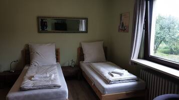 A twin room with two single beds, a bedside table with a lamp, a mirror, and a window with a view of greenery.