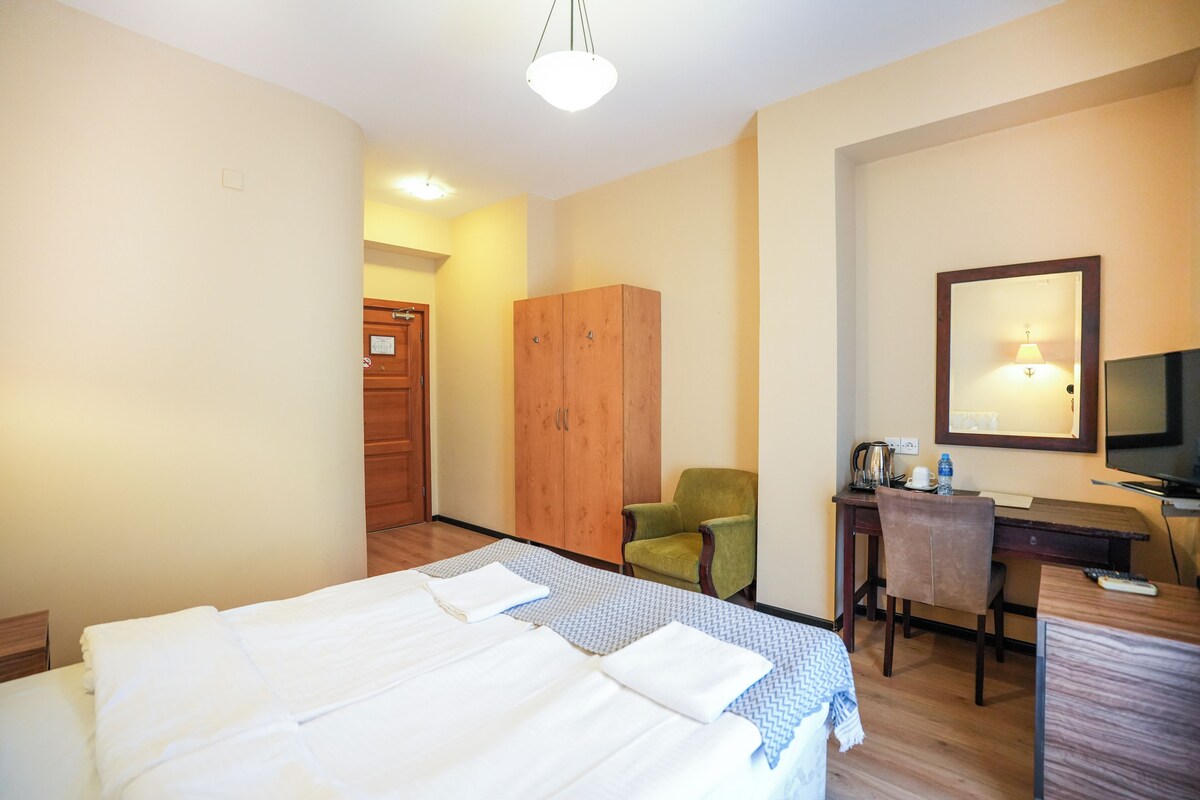 A hotel room with a bed, a desk, a chair, a wardrobe, and a television.