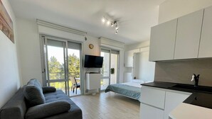 A modern, well-lit room with a grey sofa, a bed, a TV, and a kitchen area. - Comfortable studio in Porto Santa Margherita (Porto Santa Margherita)