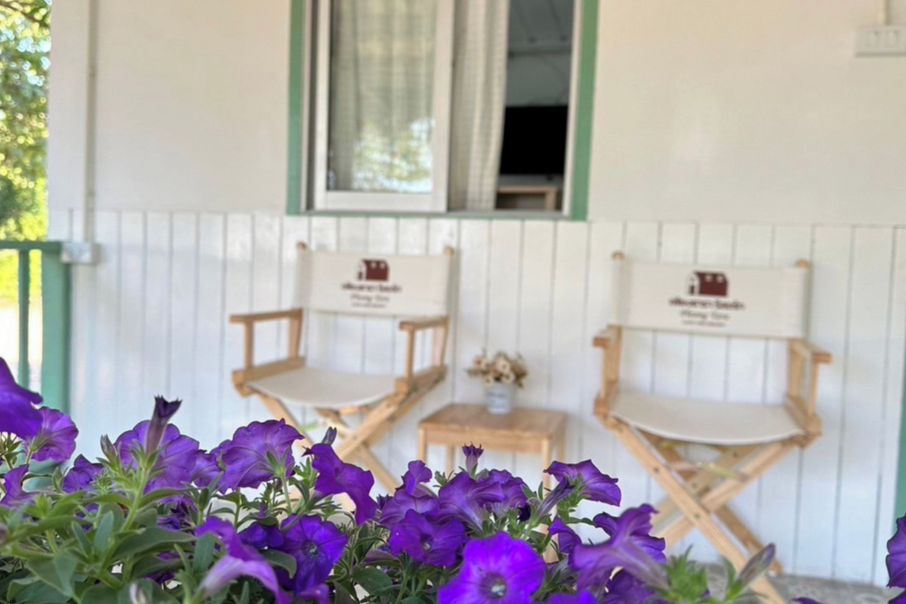 Due sedie di legno con cartelli, un tavolino e fiori viola in primo piano.