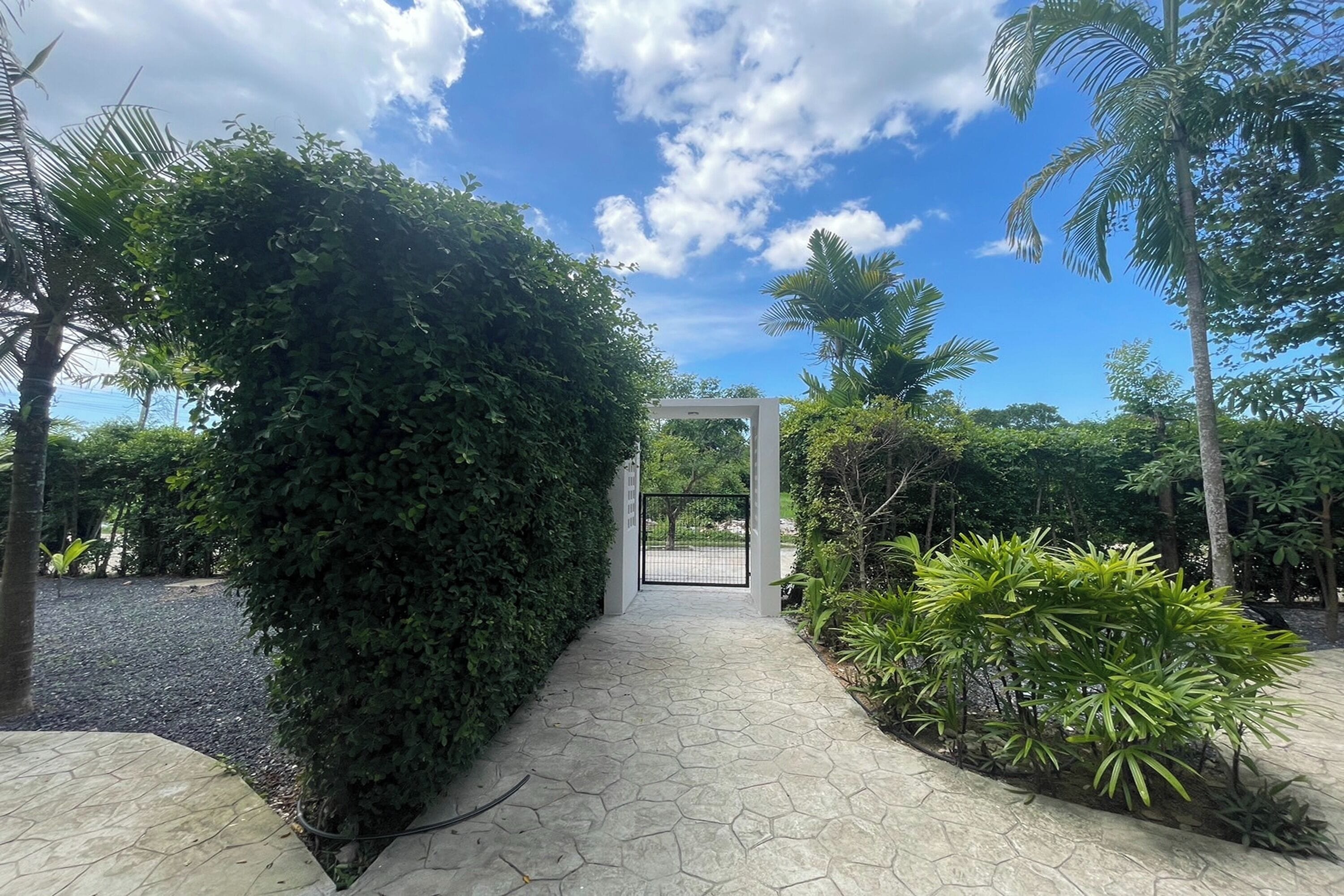 A paved pathway leading to a gated entrance surrounded by lush greenery and palm trees.