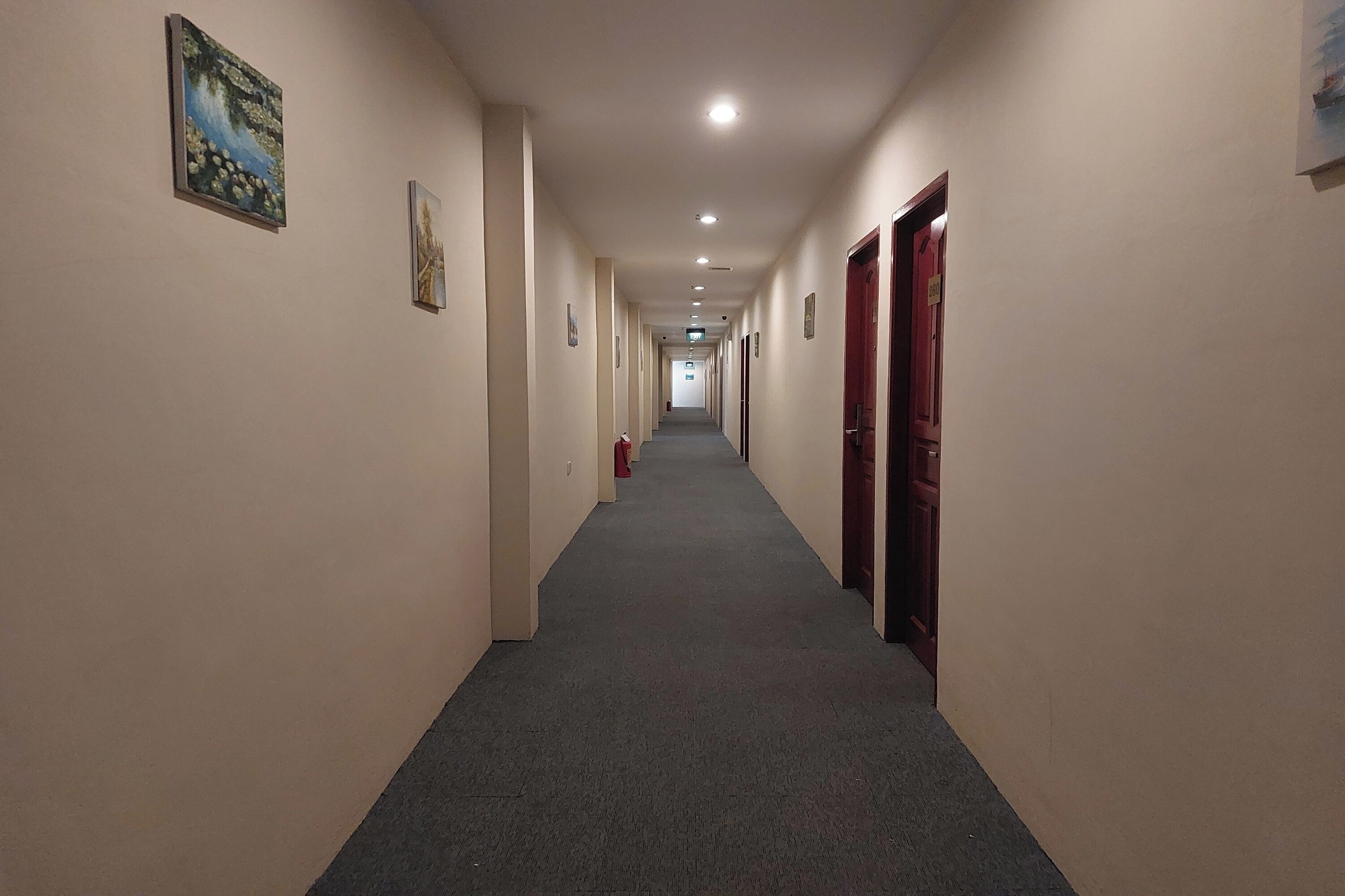 A long, narrow hallway with doors on both sides, a carpeted floor, and ceiling lights.