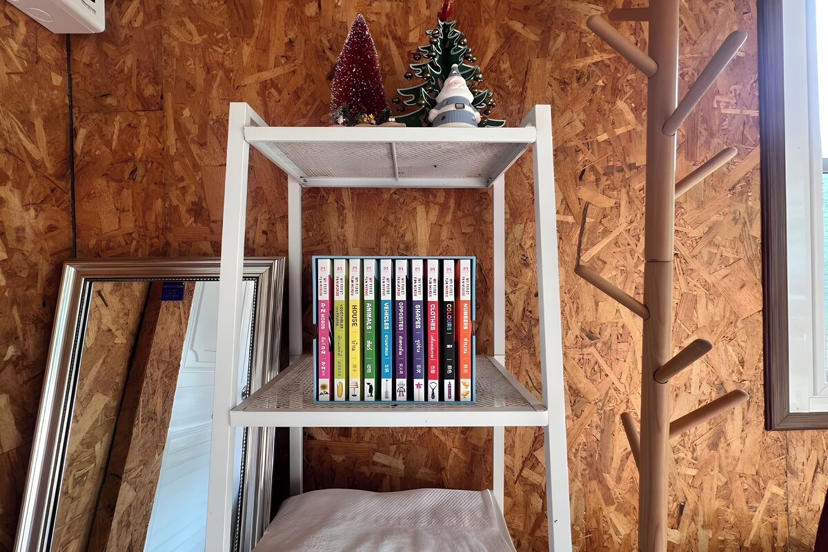 A bookshelf with books and a small Christmas tree.
