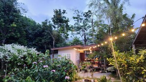 Una casa con jardín, luces colgantes y plantas en macetas.
