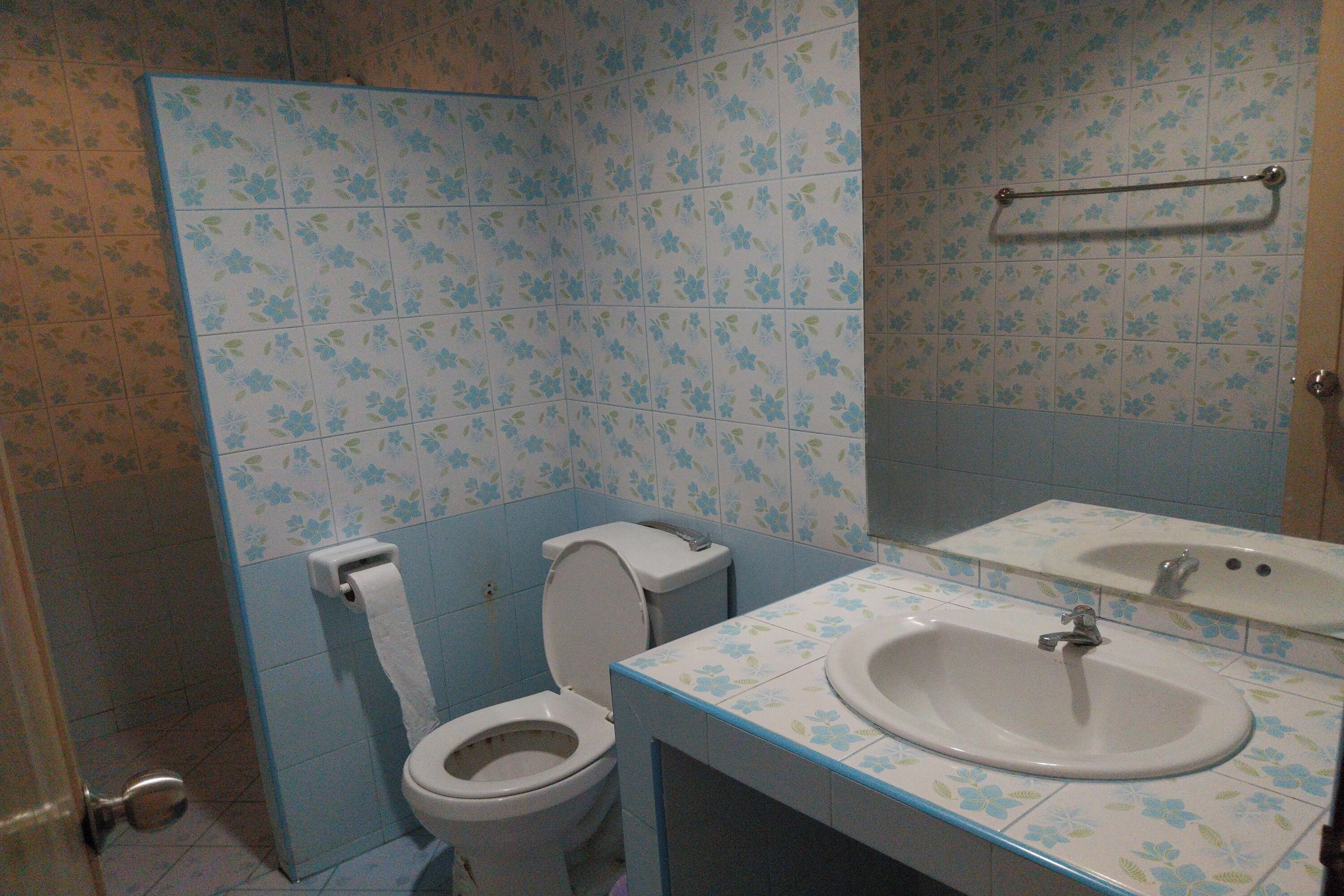 Une salle de bain avec des toilettes, un lavabo et un miroir.