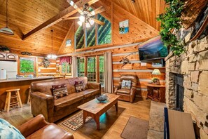 TV, fireplace - Fishermans View: FishingPond•HotTub•2KingBds (Sevierville)