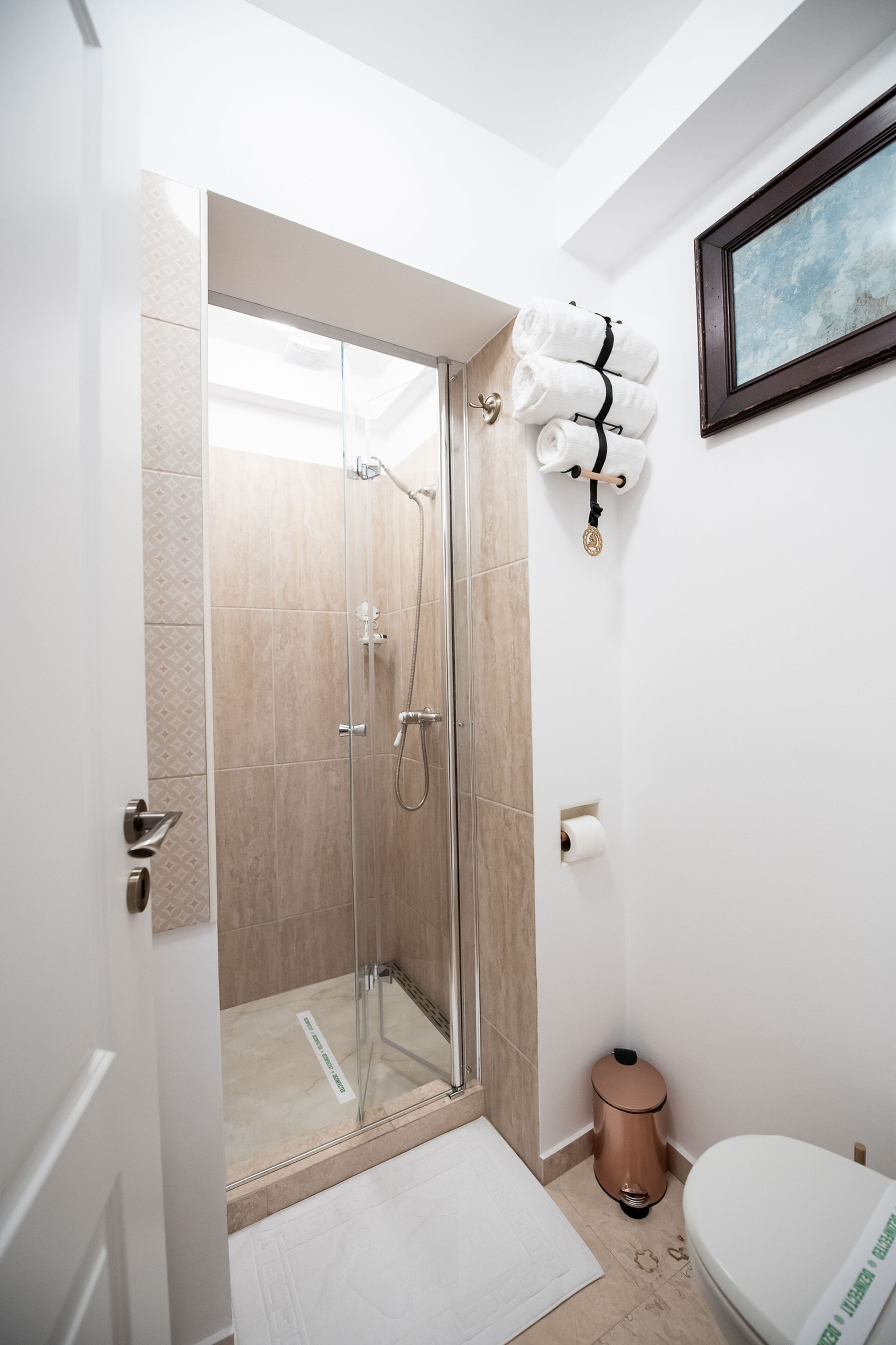 A modern bathroom with a glass-enclosed shower, a toilet, and a trash bin.