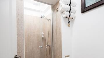 A modern bathroom with a glass-enclosed shower, a toilet, and a trash bin.